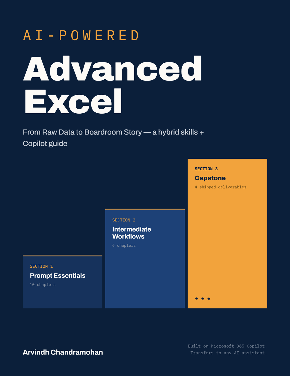 AI-Powered Advanced Excel — From Raw Data to Boardroom Story. Book cover.